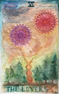 The Lovers, Tarot card in watercolor by Gwendolyn Womack, author of The Fortune Teller