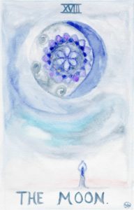 The Moon, Tarot card in watercolor by Gwendolyn Womack, author of The Fortune Teller